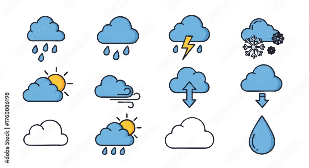 Obraz premium set of cloud with rain outline icons vector full color 