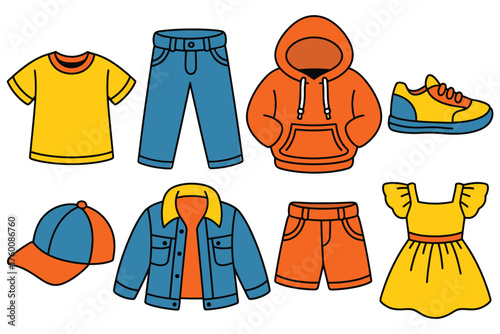 Children’s Clothing Vector Icons – Colorful Kids Apparel Flat Design Including Hoodie, Jeans, Dress, and Shoes