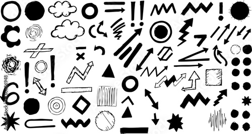 Collection of hand drawn doodle elements arrows clouds shapes symbols and numbers in black and white