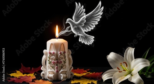 Holy All Saints' Day remembrance with a glowing carved candle and white spirit dove ascending. Pure lily flower and autumn leaves on a dark solemn background.