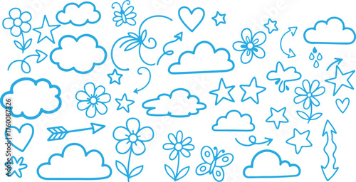 Whimsical hand drawn blue doodles of clouds hearts stars flowers and butterflies on white background