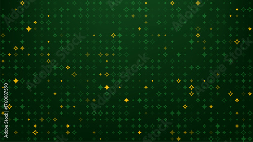 Green abstract background with small stars and diamond shapes for Christmas design and greeting card. Festive glitter confetti pattern concept.