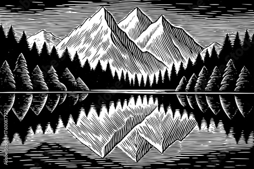 Minimal vector of a stylized mountain range silhouette black and white reflected perfectly in still water