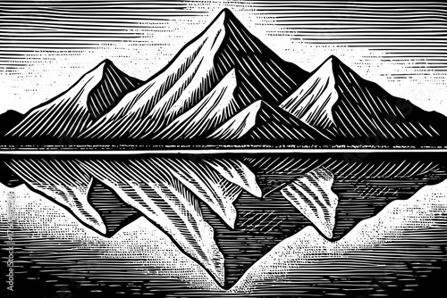 Minimal vector of a stylized mountain range silhouette black and white reflected perfectly in still water