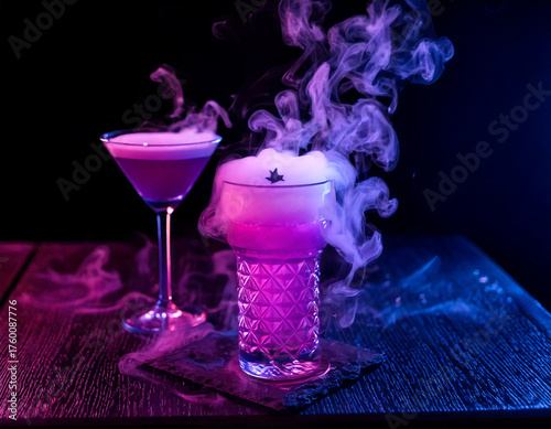 AI generated mystical cocktail with smoke in neon purple and blue light, fantasy drink concept