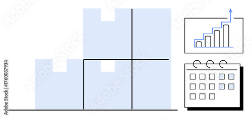 Stacked warehouse boxes suggestive of inventory management and logistics, alongside a bar chart indicating growth and a calendar symbolizing planning. Ideal for supply chain, logistics, scheduling