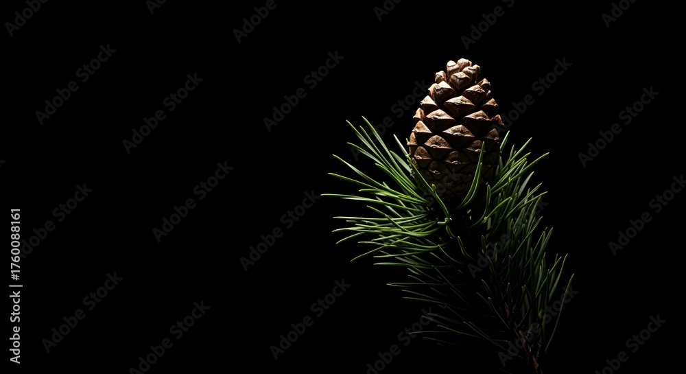 Obraz premium Pine cone on branch isolated on black background natural winter symbolism