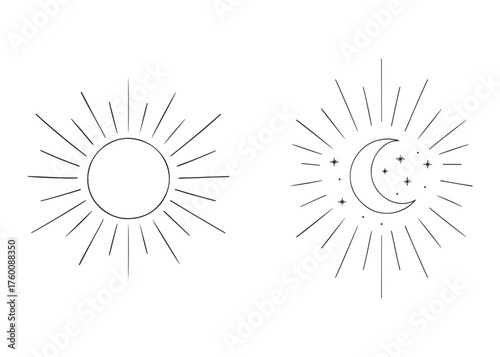 Boho Sun and Moon Line Art , Celestial SVG Bundle , Minimalist Cosmic Clipart , Sunburst Moon Stars PNG for Cricut, Stickers & Tattoos