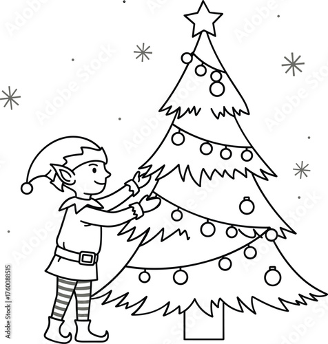 A cheerful cartoon elf decorating a festive christmas tree with ornaments and a star