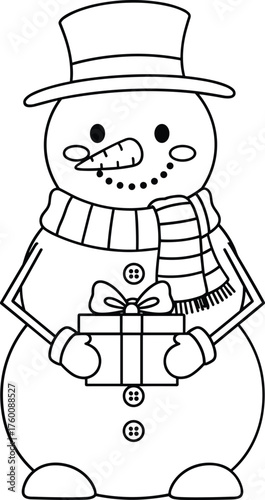 A cheerful cartoon snowman wearing a top hat and scarf holding a gift