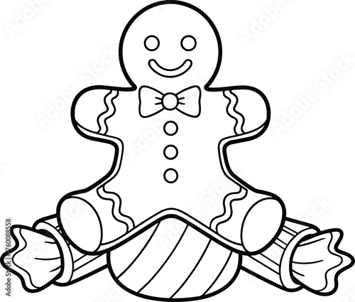 A cheerful gingerbread man cookie adorned with frosting rests on a bed of festive candy canes
