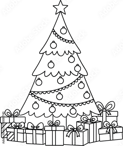 A festive christmas tree adorned with ornaments and surrounded by wrapped gifts