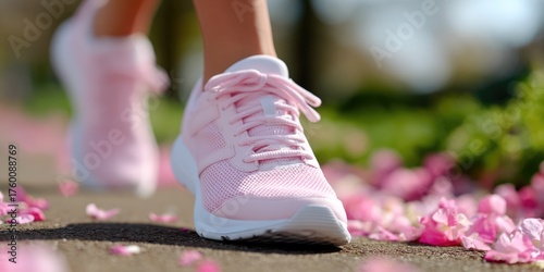 Pink running shoes on path with flower petals