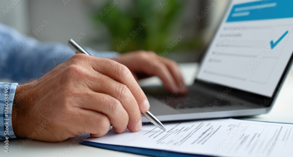 Fototapeta premium Man filling form and typing on laptop at workplace