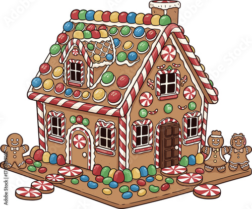 A highly decorated gingerbread house adorned with colorful candies and gingerbread people