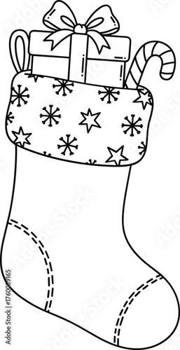A simple black and white illustration of a christmas stocking filled with gifts and candy