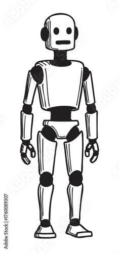 Black and white sketch of a humanoid robot with cylindrical head and articulated joints standing upright.