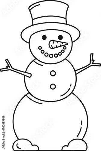 A simple black and white line drawing of a classic snowman wearing a top hat and smiling