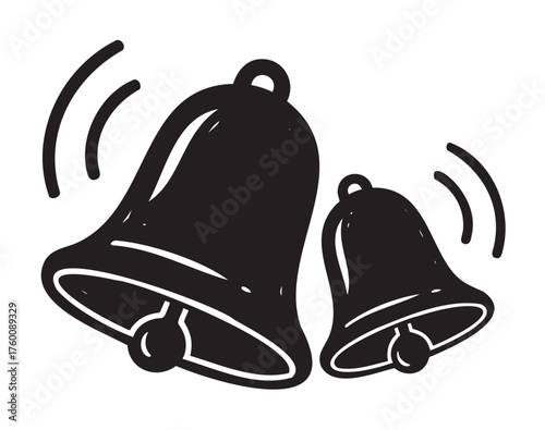 Black and white outline illustration of two ringing bells with sound wave lines, indicating motion and sound.