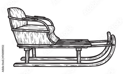 Black and white sketch of a classic wooden sled with a backrest, featuring a detailed design suitable for winter activities.