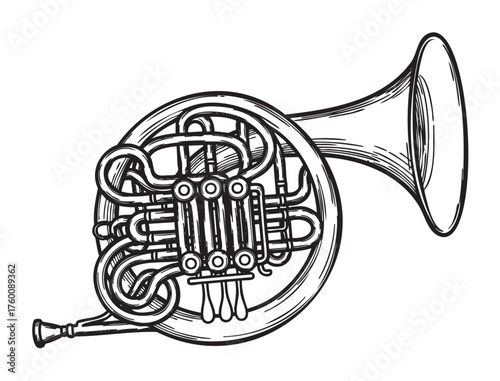 Black outline illustration of a french horn showcasing intricate valve and tubing details, used in orchestral and brass music.
