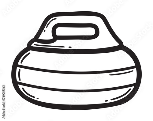 Black outline of a curling stone with a handle depicted in a bold, minimalistic style for sports and winter activity themes.