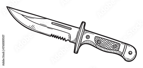 Black outline vector icon of a tactical hunting knife with a serrated edge and detailed handle design.