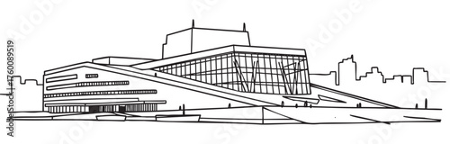 Black outline vector illustration of a modern architectural building with sloped ramps and large windows, set against a city skyline.
