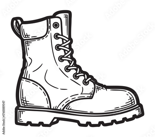Black outline drawing of a sturdy combat boot with detailed stitching and rugged sole, suitable for hiking or outdoor adventure concepts.