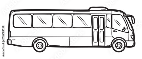 Black outline drawing of a simple bus with multiple windows and detailed features, ideal for transportation and travel themes.