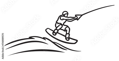 Simple black outline illustration of a person wakeboarding, showing dynamic motion and energy on the water.
