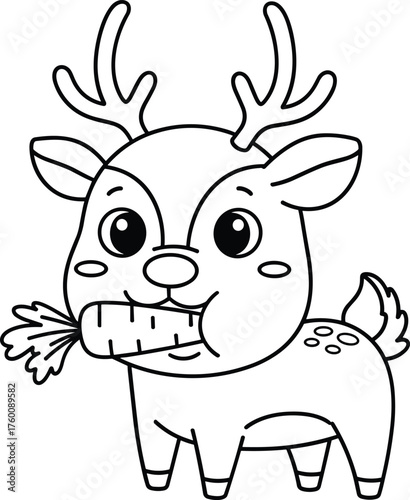 Adorable cartoon baby deer with antlers happily munching on a fresh carrot