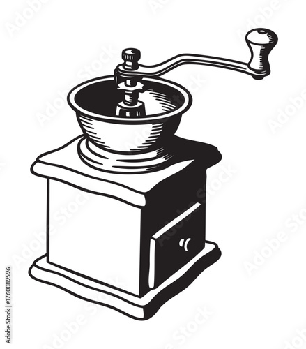Black and white drawing of a vintage manual coffee grinder with a hand crank and a small drawer at the bottom.