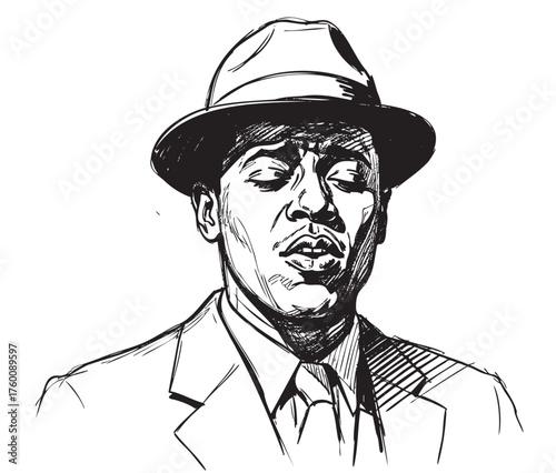 Detailed black and white sketch of an african male adult wearing a suit and hat, conveying a confident expression.