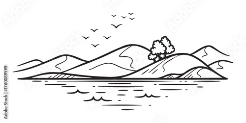 Black outline drawing of a serene mountainous landscape with a body of water in the foreground and birds flying in the sky.