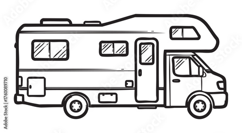 Black outline of a classic motorhome recreational vehicle, featuring detailed windows, door, and wheels for travel and camping enthusiasts.