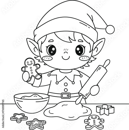Adorable cartoon elf child happily baking christmas cookies with dough and rolling pin