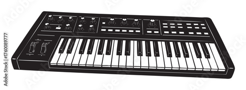 Black and white illustration of a synthesizer keyboard with multiple control knobs and buttons, designed for creating electronic music.