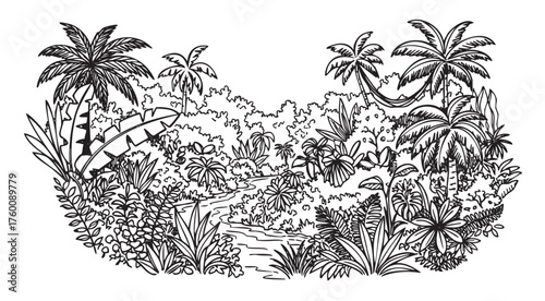 Black and white outline drawing of a lush tropical jungle with numerous plants, palm trees, and a winding river, evoking a sense of adventure and exploration.