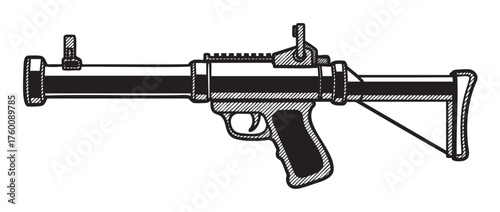 Black and white sketch of a rocket launcher with a textured design, featuring a detailed grip and sight mechanisms.