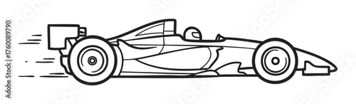 Black outline drawing of a sleek, aerodynamic race car speeding right, emphasizing its curves and mechanical components.