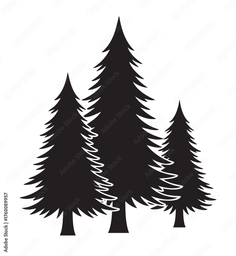 Fototapeta premium Black silhouette of three tall evergreen trees with distinct sharp branches, arranged in a clustered pattern.