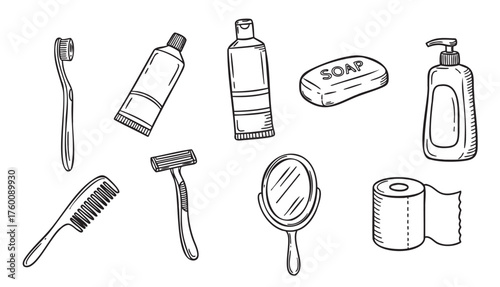 Black outline vector icons of various bathroom essentials, including a toothbrush, toothpaste, shampoo, bar soap, lotion dispenser, comb, razor, mirror, and toilet paper.