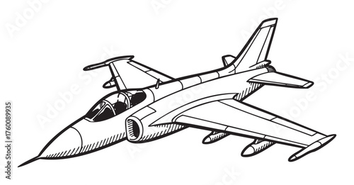 Black outline drawing of a military jet fighter aircraft with detailed wings and cockpit design.