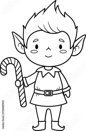 Adorable cartoon elf holding a striped candy cane ready for christmas coloring fun