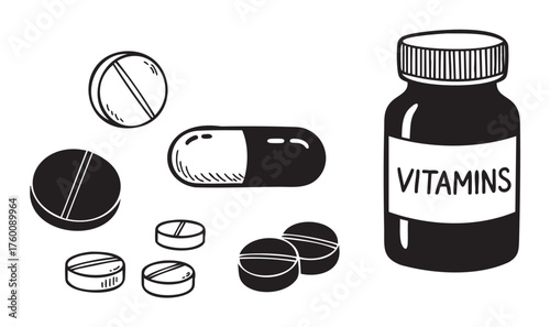 Black and white illustration of various pills and a bottle labeled vitamins, symbolizing health and wellness.