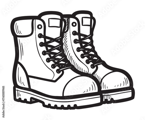 Black and white illustration of sturdy hiking boots with detailed lacing and rugged soles, designed for outdoor trekking and adventure activities.