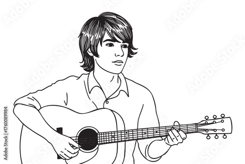 Black and white line drawing of a young adult male playing an acoustic guitar, showcasing musical expression.