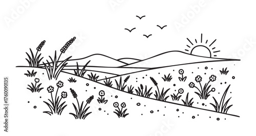 Black outline drawing of a serene landscape with hills, wildflowers, and grasses under a rising sun with birds flying above.