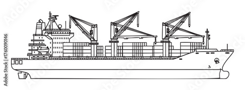 Black outline drawing of a cargo ship with multiple cranes and stacked shipping containers.